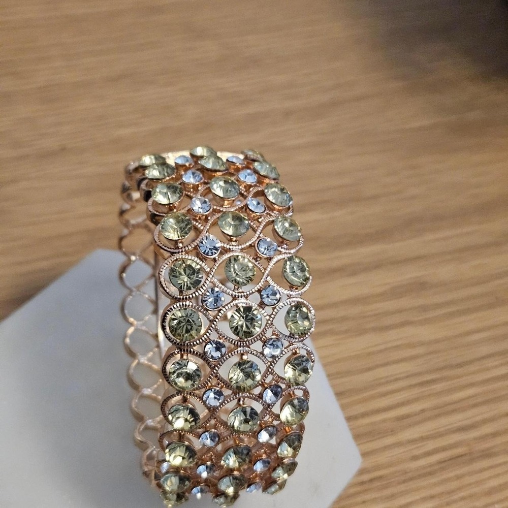 Gold Tone Filigree Yellow White Rhinestone Hinged Cuff Bracelet Crystal Glam
